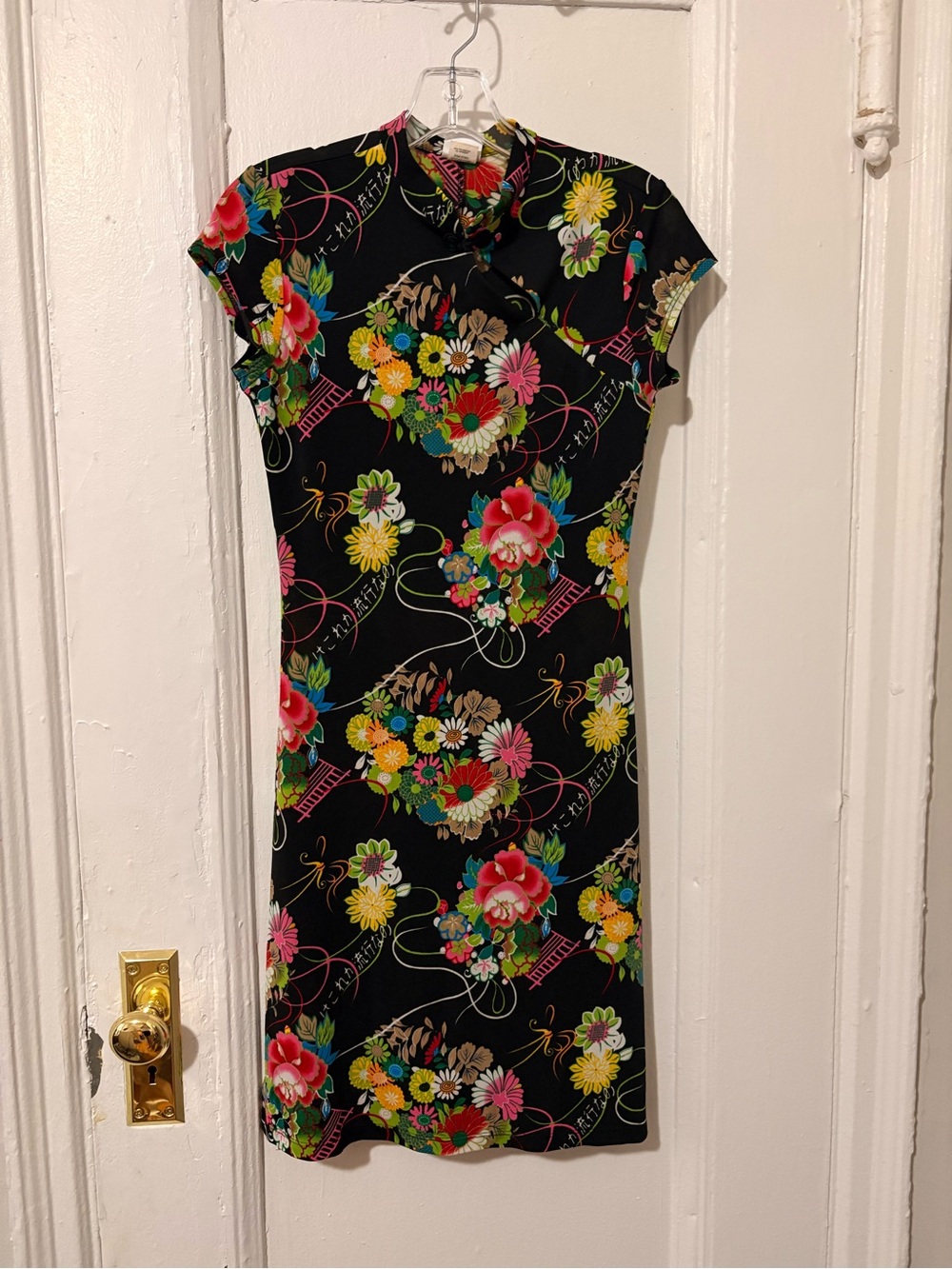 Vintage 2000s Black Floral Mandarin Collar Mini Dress- Size S